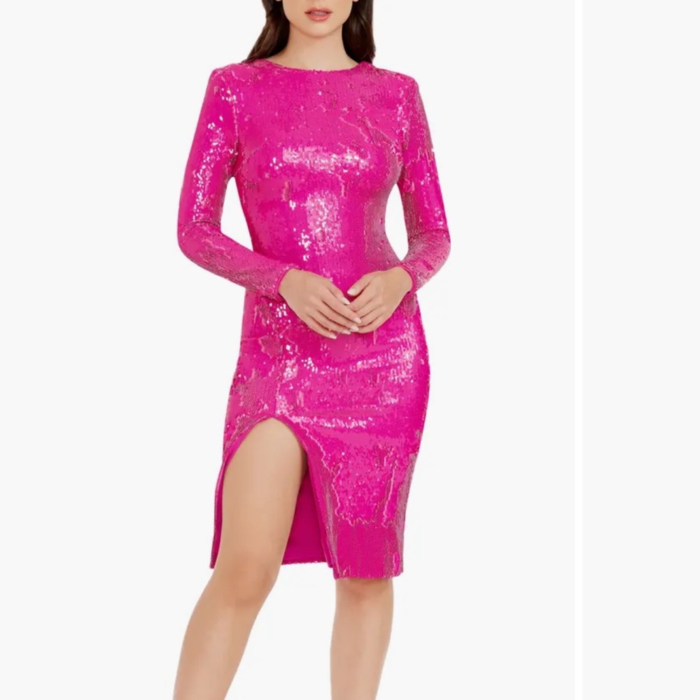 Dress the Population Hot Pink Sequin Long Sleeve Midi Dress